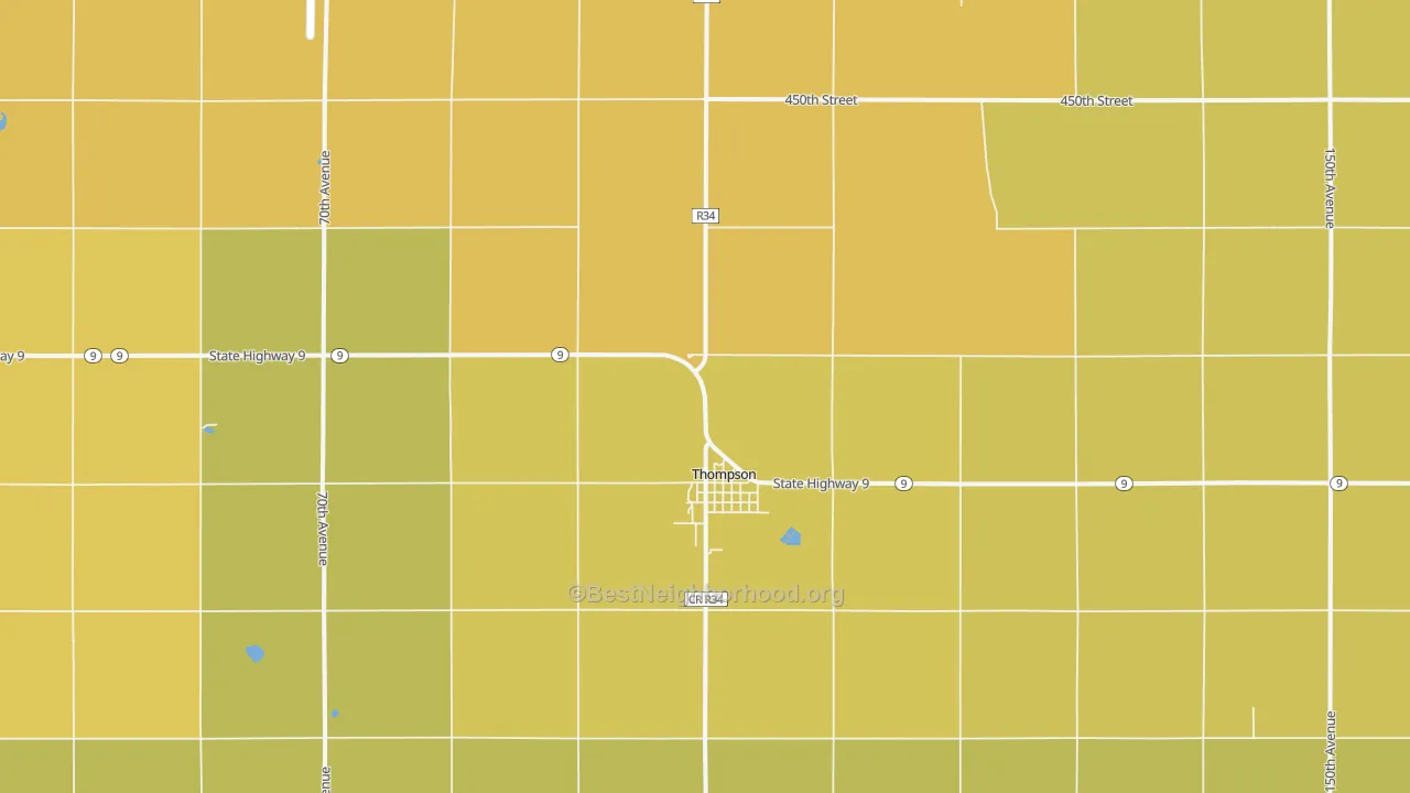 Map of the best neighborhoods in the Thompson area, with better matches in green and worse matches in red