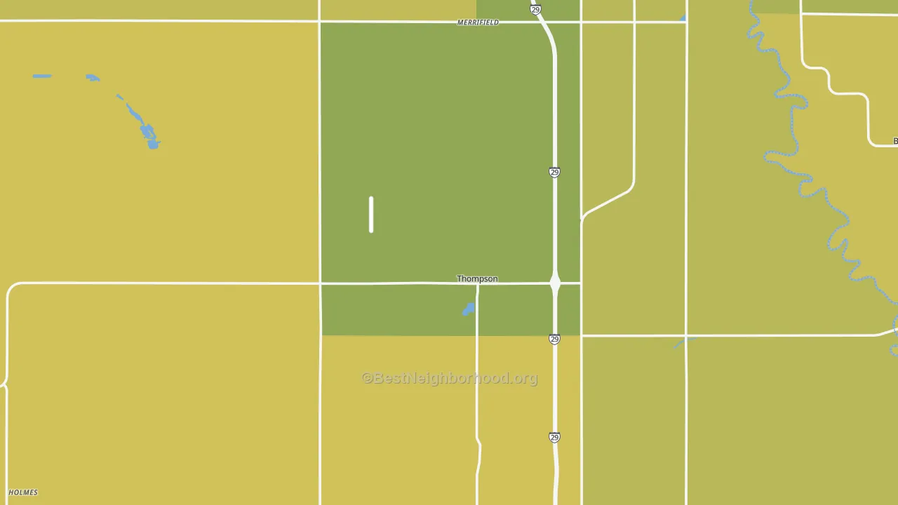 Map of the best neighborhoods in the Thompson area, with better matches in green and worse matches in red