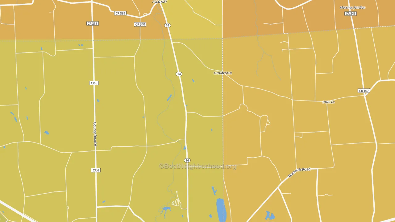 Map of the best neighborhoods in the Thompson area, with better matches in green and worse matches in red