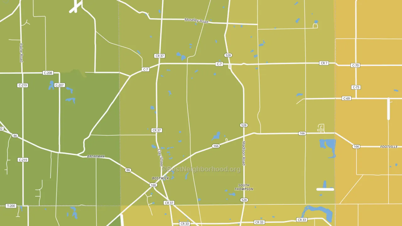Map of the best neighborhoods in the Thompson area, with better matches in green and worse matches in red