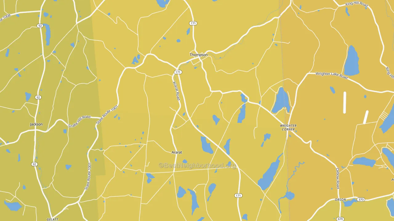 Map of the best neighborhoods in the Thompson area, with better matches in green and worse matches in red