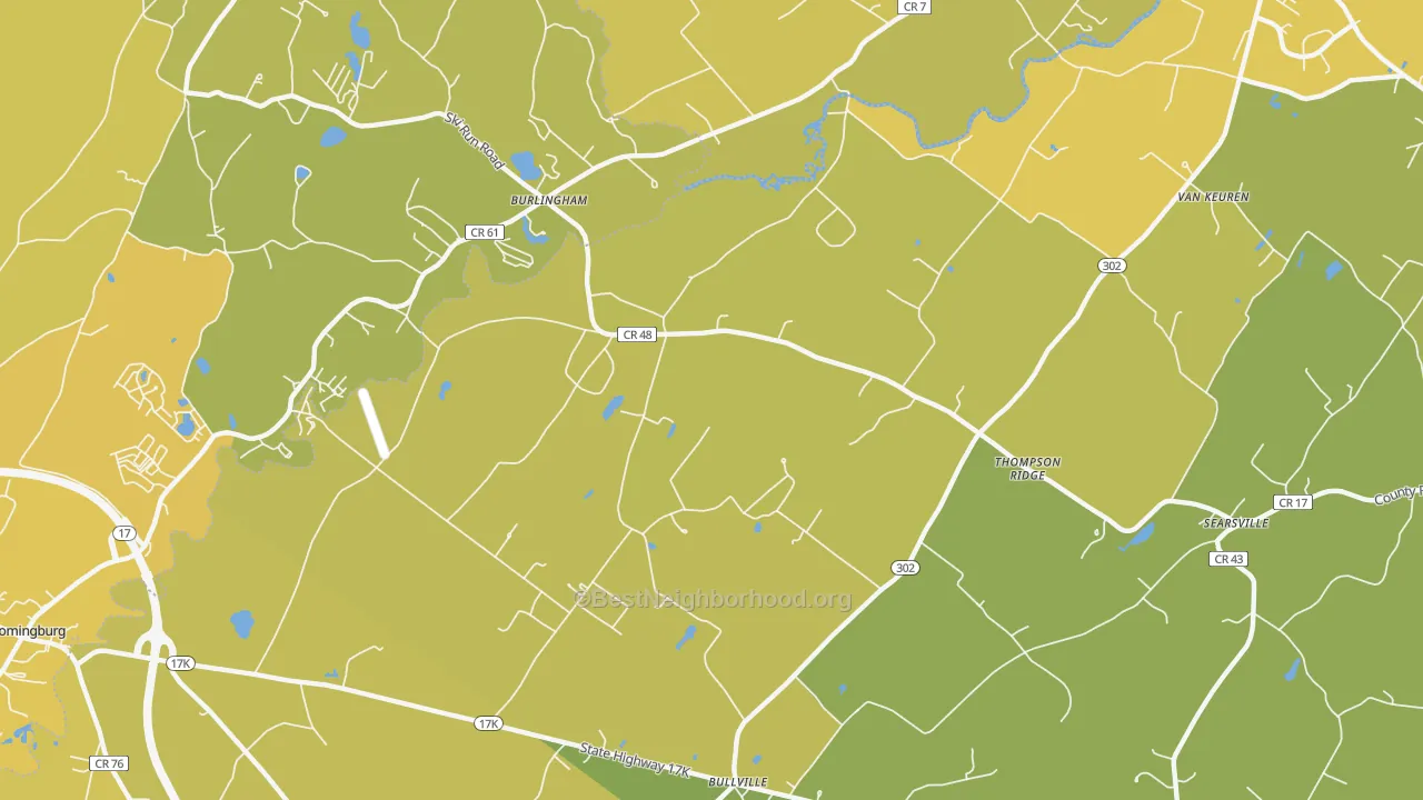 Map of the best neighborhoods in the Thompson Ridge area, with better matches in green and worse matches in red