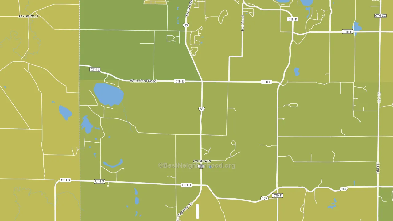 Map of the best neighborhoods in the Thompson area, with better matches in green and worse matches in red