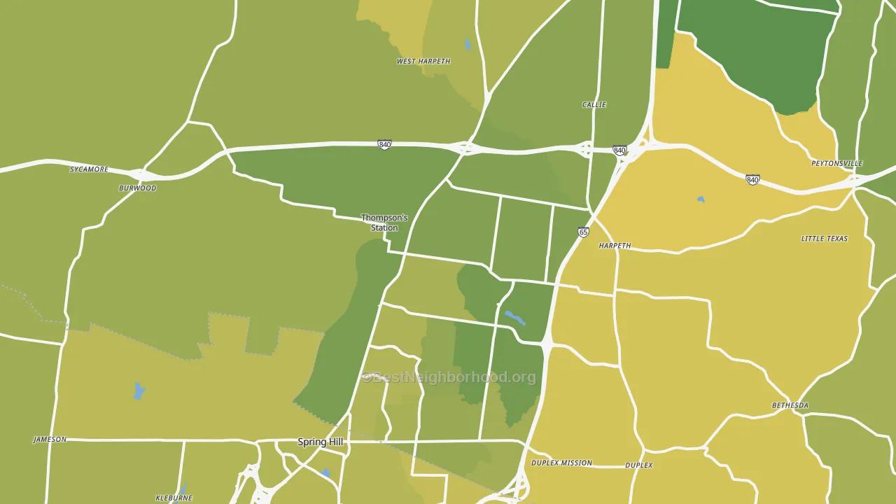 Map of the best neighborhoods in the Thompsons Station area, with better matches in green and worse matches in red