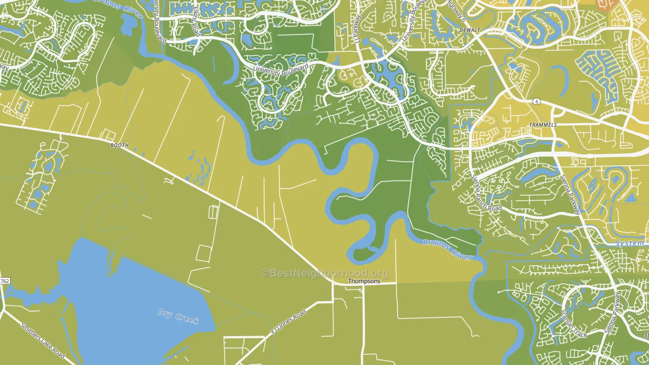 Map of the best neighborhoods in the Thompsons area, with better matches in green and worse matches in red