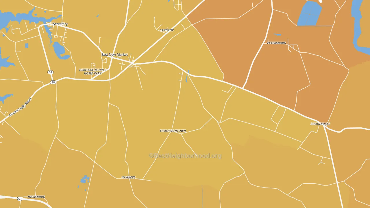 Map of the best neighborhoods in the Thompsontown area, with better matches in green and worse matches in red