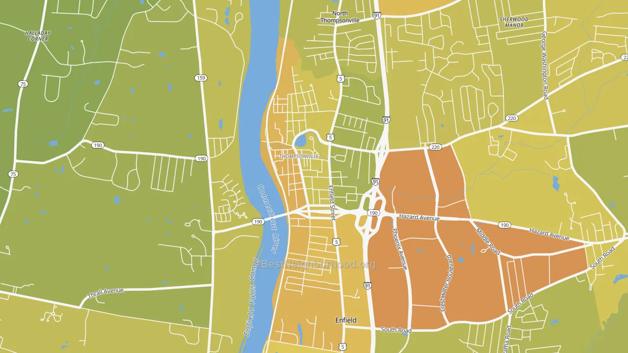 Map of the best neighborhoods in the Thompsonville area, with better matches in green and worse matches in red