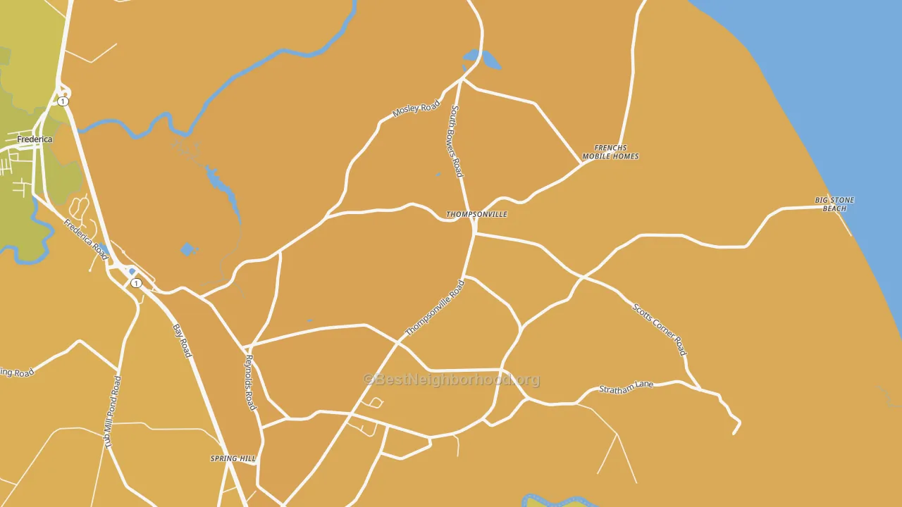 Map of the best neighborhoods in the Thompsonville area, with better matches in green and worse matches in red