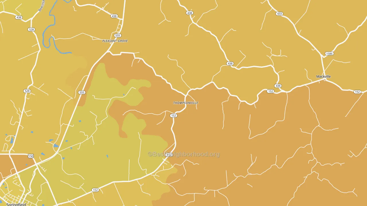 Map of the best neighborhoods in the Thompsonville area, with better matches in green and worse matches in red