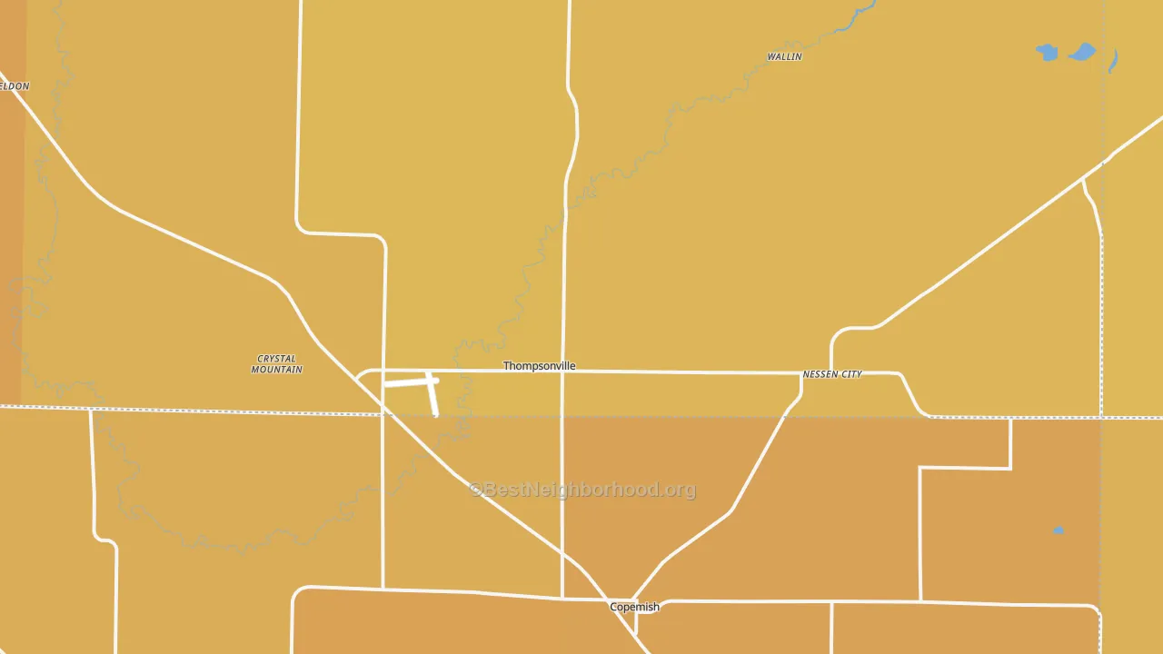 Map of the best neighborhoods in the Thompsonville area, with better matches in green and worse matches in red