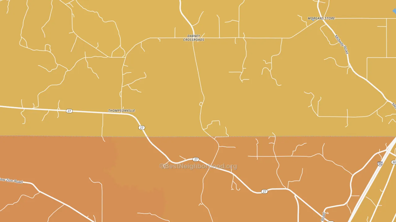 Map of the best neighborhoods in the Thompsonville area, with better matches in green and worse matches in red