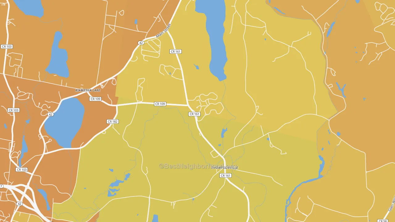 Map of the best neighborhoods in the Thompsonville area, with better matches in green and worse matches in red