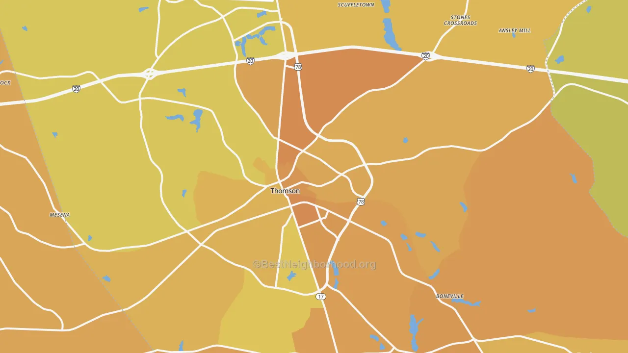 Map of the best neighborhoods in the Thomson area, with better matches in green and worse matches in red
