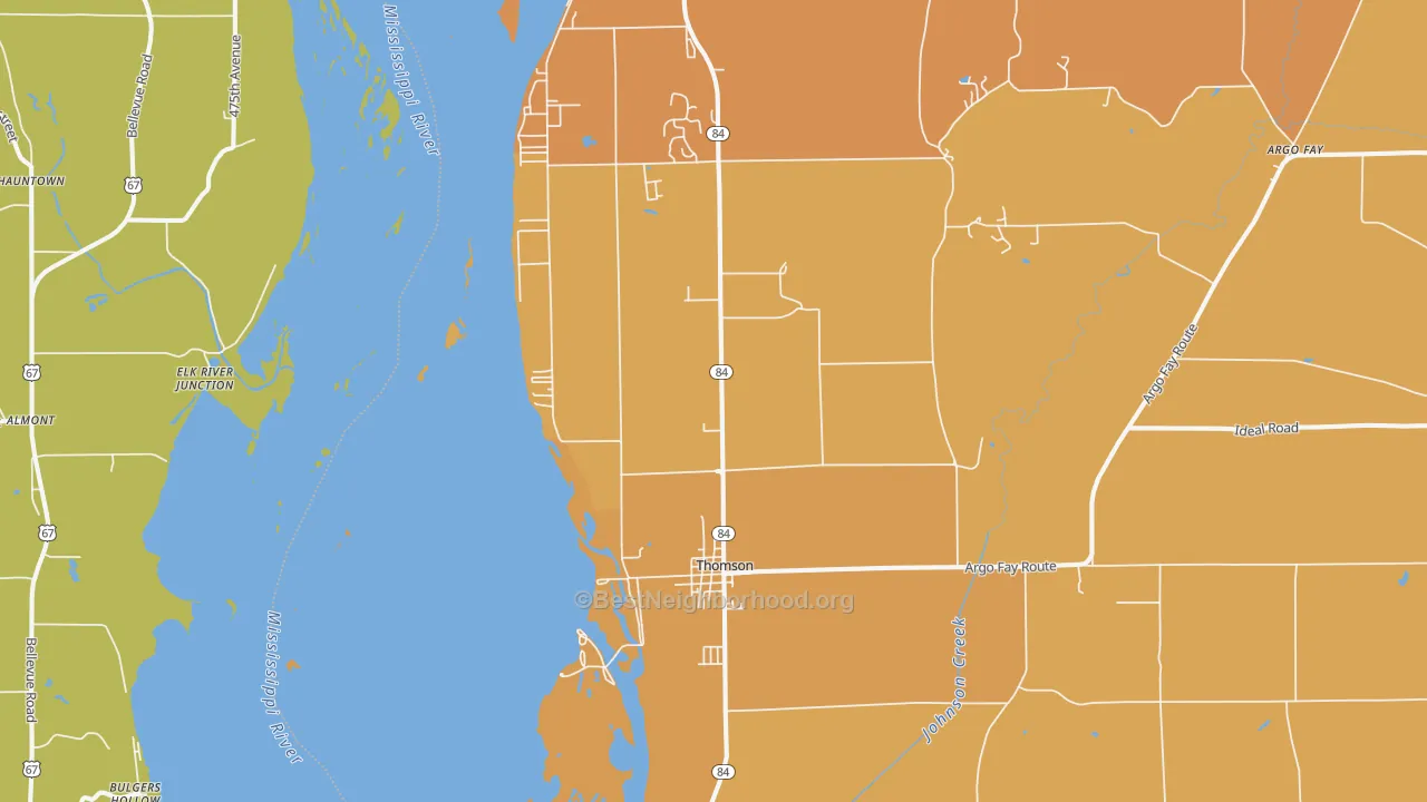 Map of the best neighborhoods in the Thomson area, with better matches in green and worse matches in red