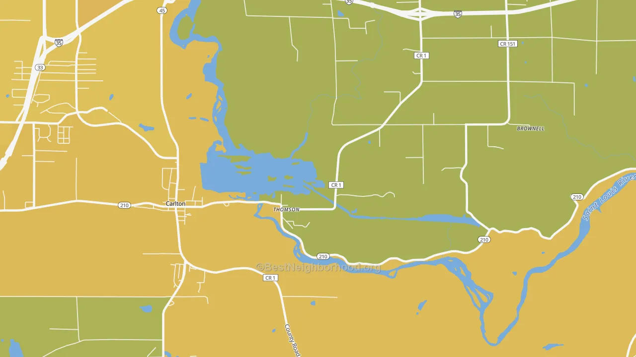 Map of the best neighborhoods in the Thomson area, with better matches in green and worse matches in red