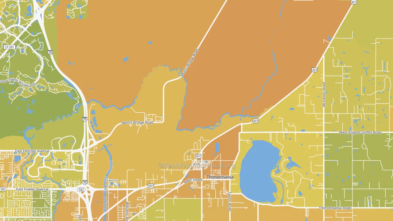 Map of the best neighborhoods in the Thonotosassa area, with better matches in green and worse matches in red
