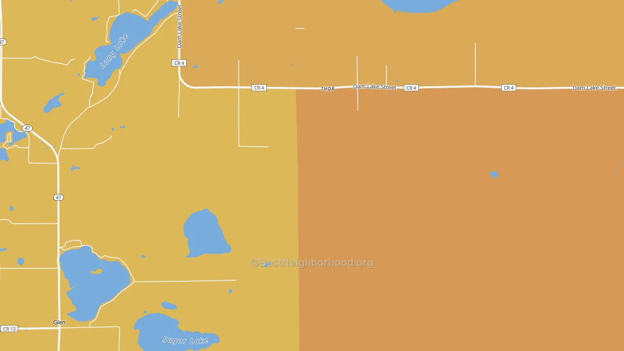 Map of the best neighborhoods in the Thor area, with better matches in green and worse matches in red