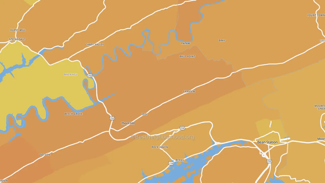 Map of the best neighborhoods in the Thorn Hill area, with better matches in green and worse matches in red