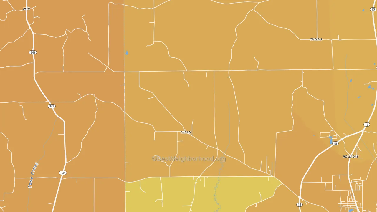 Map of the best neighborhoods in the Thorn area, with better matches in green and worse matches in red