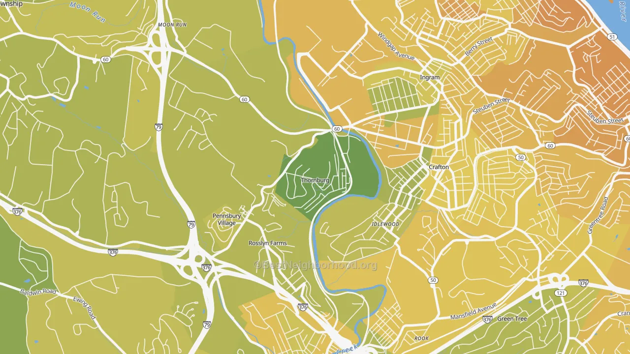 Map of the best neighborhoods in the Thornburg area, with better matches in green and worse matches in red