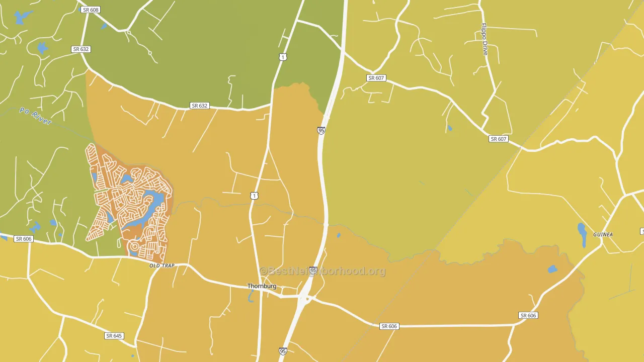 Map of the best neighborhoods in the Thornburg area, with better matches in green and worse matches in red