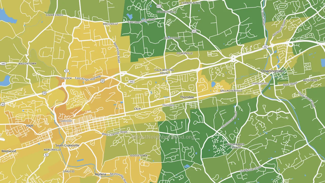 Map of the best neighborhoods in the Thorndale area, with better matches in green and worse matches in red