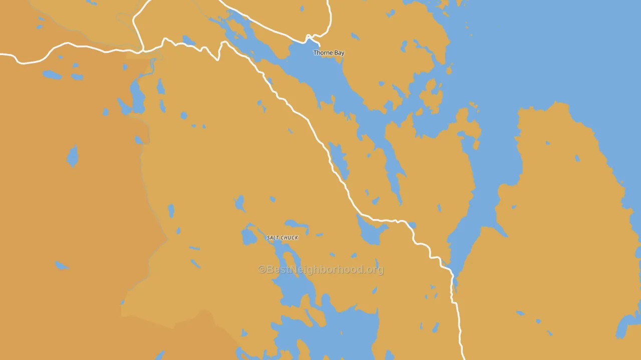 Map of the best neighborhoods in the Thorne Bay area, with better matches in green and worse matches in red
