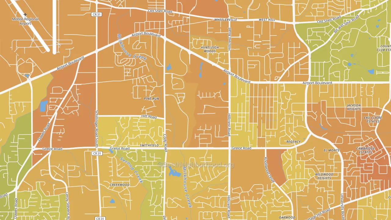 Map of the best neighborhoods in the Thornhill, Mobile area, with better matches in green and worse matches in red