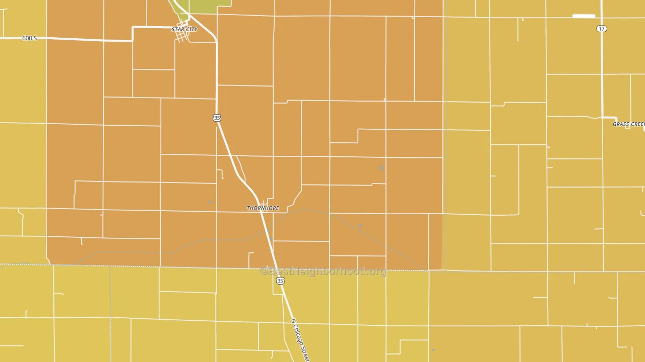 Map of the best neighborhoods in the Thornhope area, with better matches in green and worse matches in red