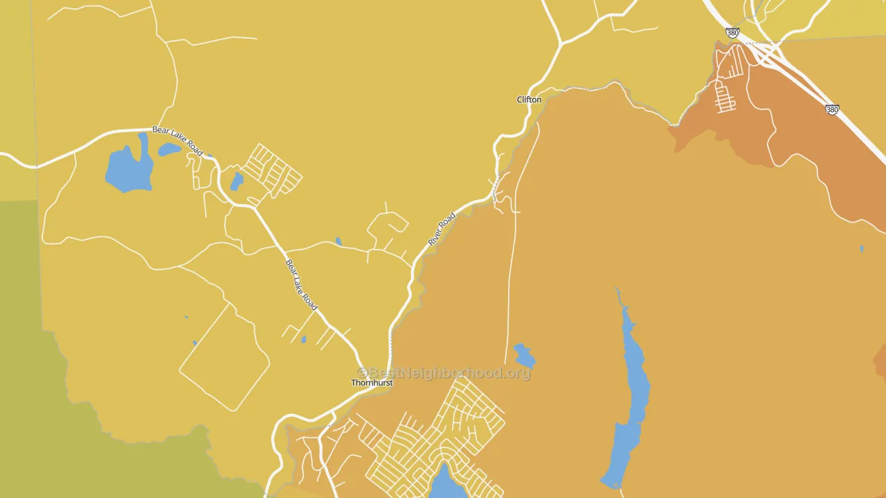 Map of the best neighborhoods in the Thornhurst area, with better matches in green and worse matches in red