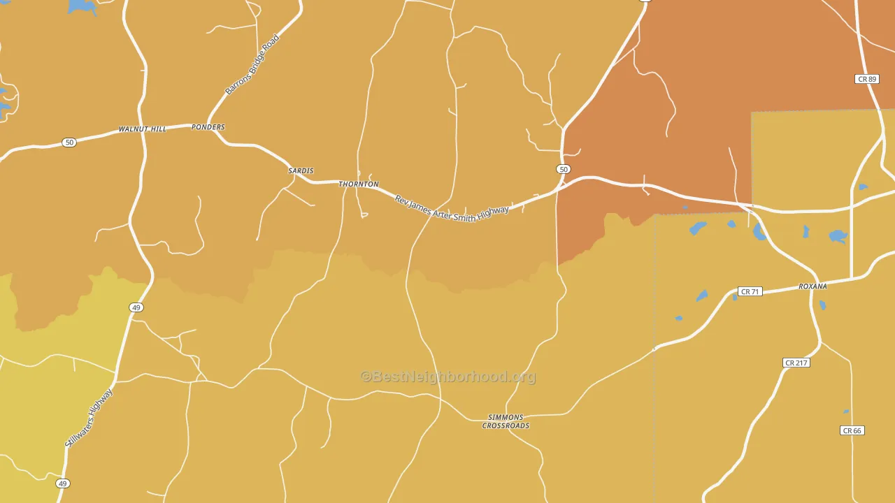 Map of the best neighborhoods in the Thornton area, with better matches in green and worse matches in red