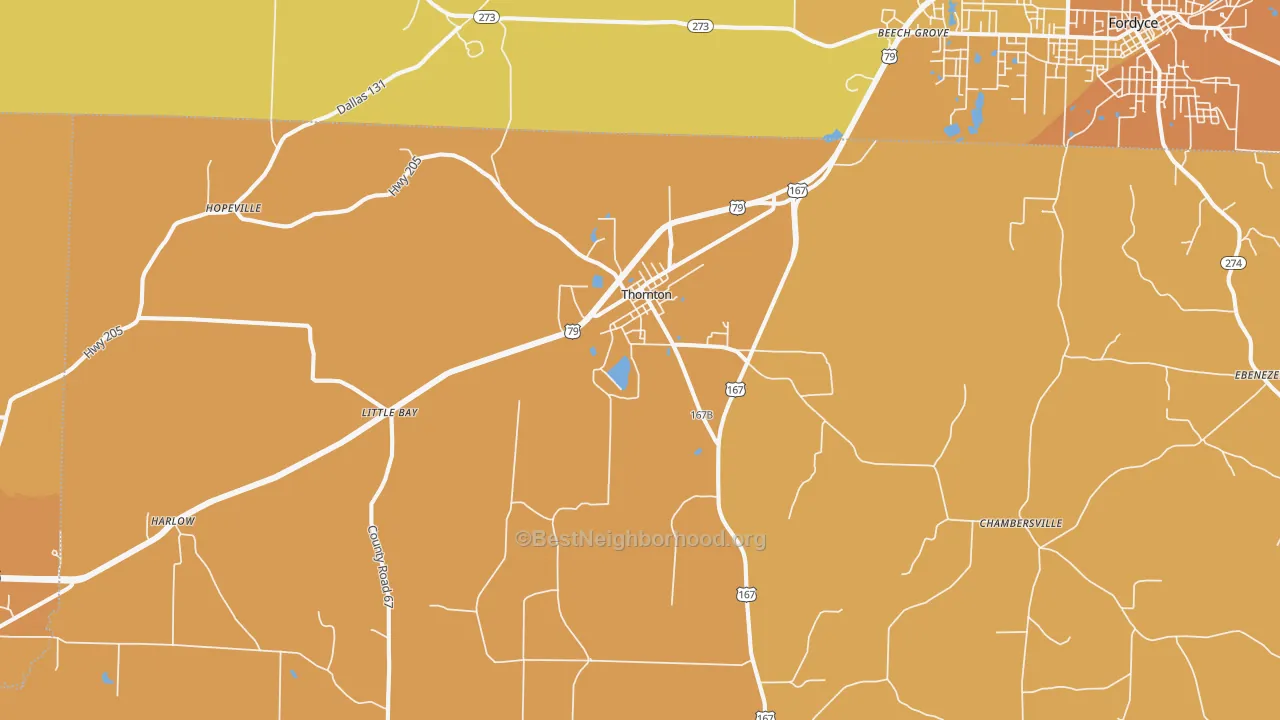Map of the best neighborhoods in the Thornton area, with better matches in green and worse matches in red