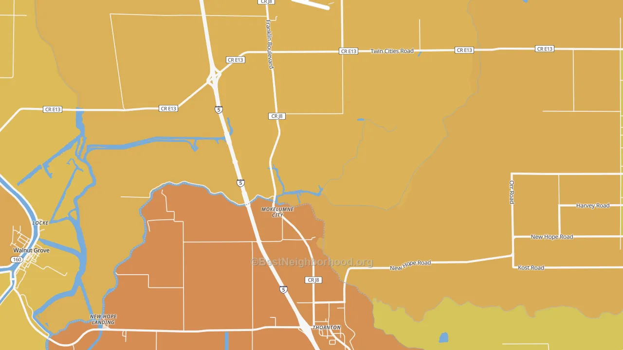Map of the best neighborhoods in the Thornton area, with better matches in green and worse matches in red