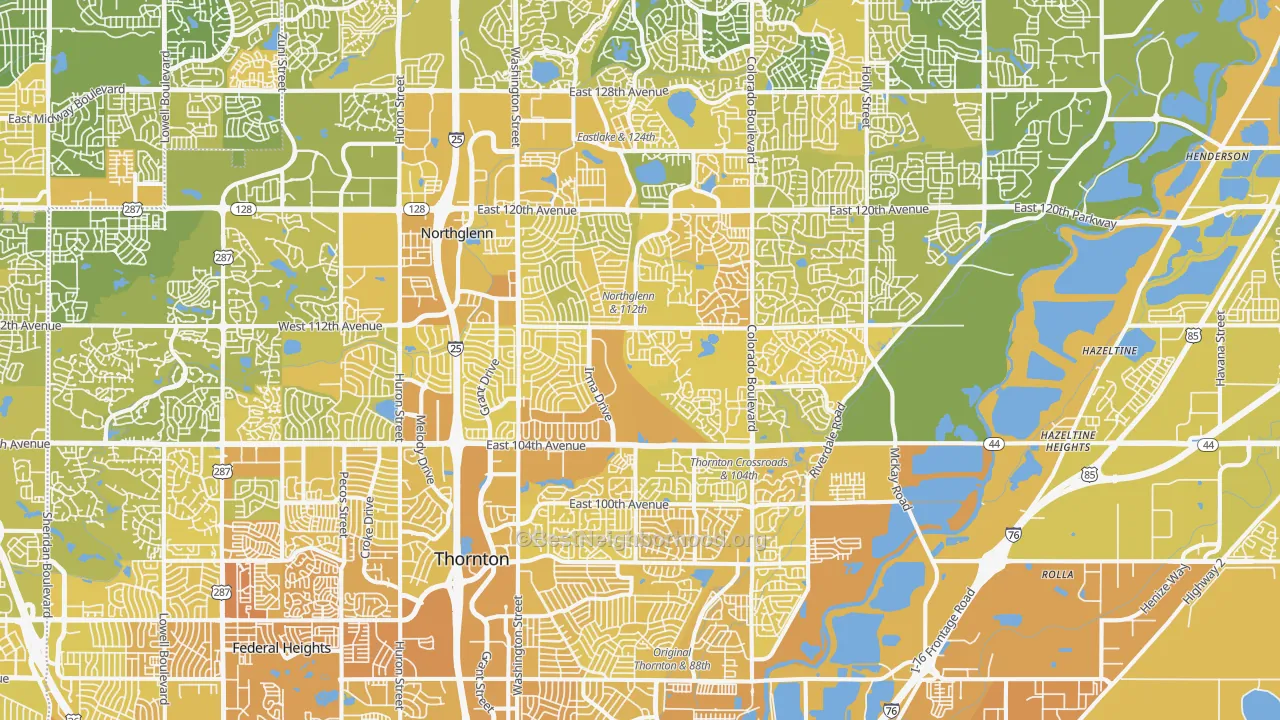 Map of the best neighborhoods in the Thornton area, with better matches in green and worse matches in red