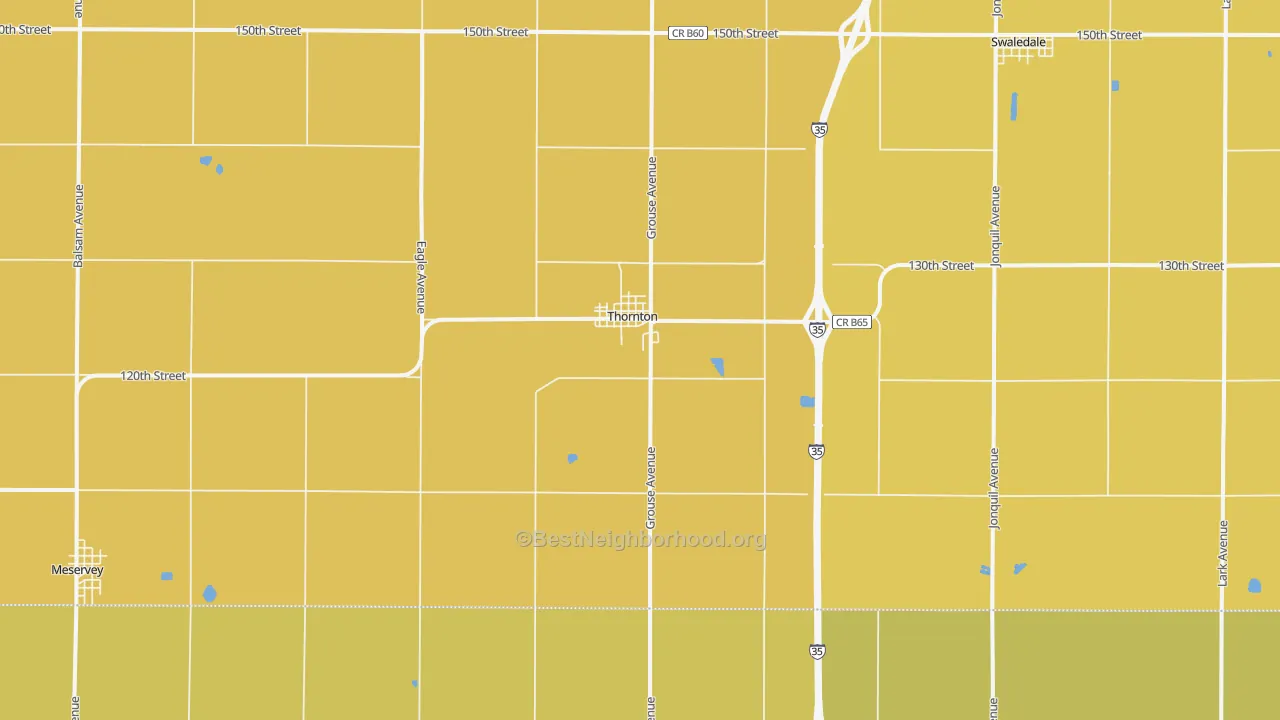 Map of the best neighborhoods in the Thornton area, with better matches in green and worse matches in red