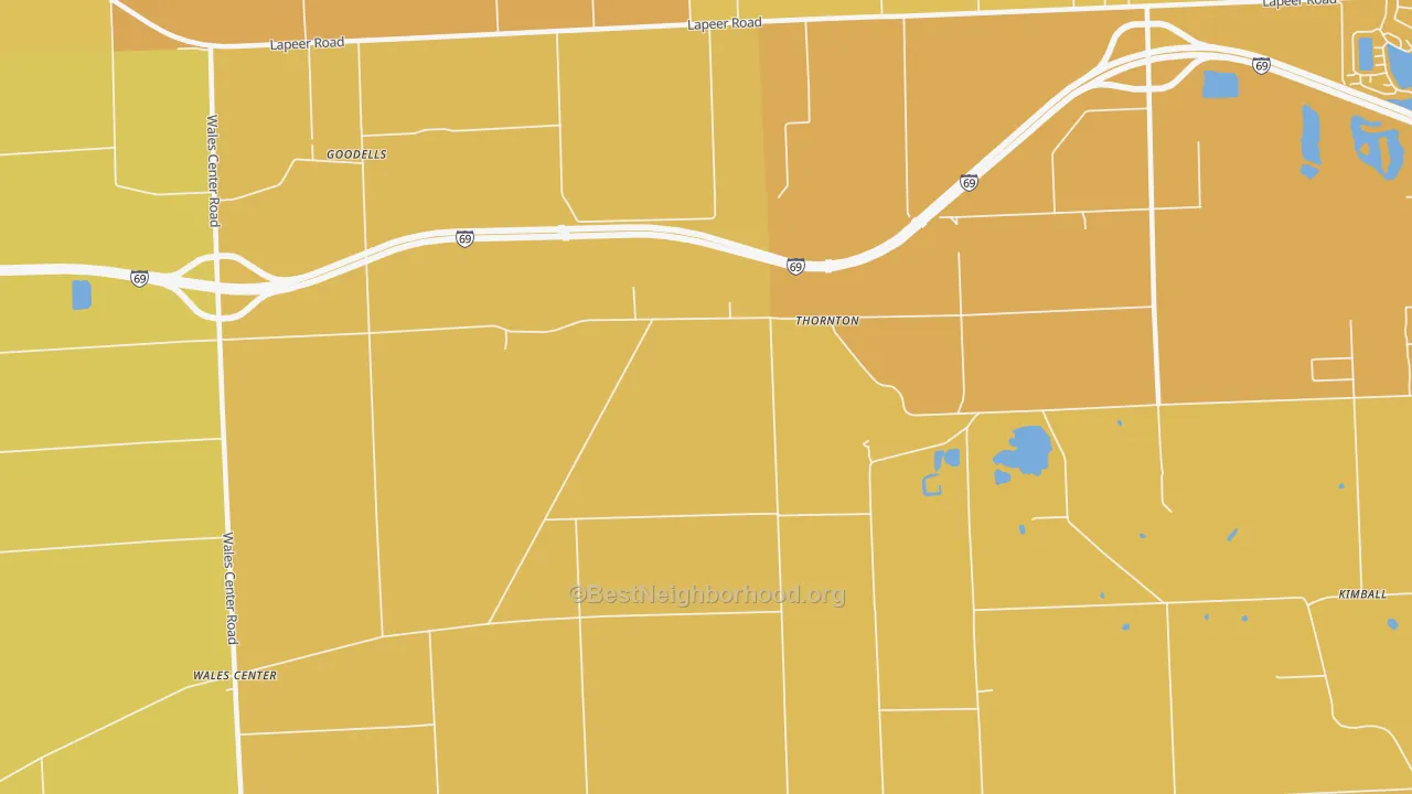 Map of the best neighborhoods in the Thornton area, with better matches in green and worse matches in red