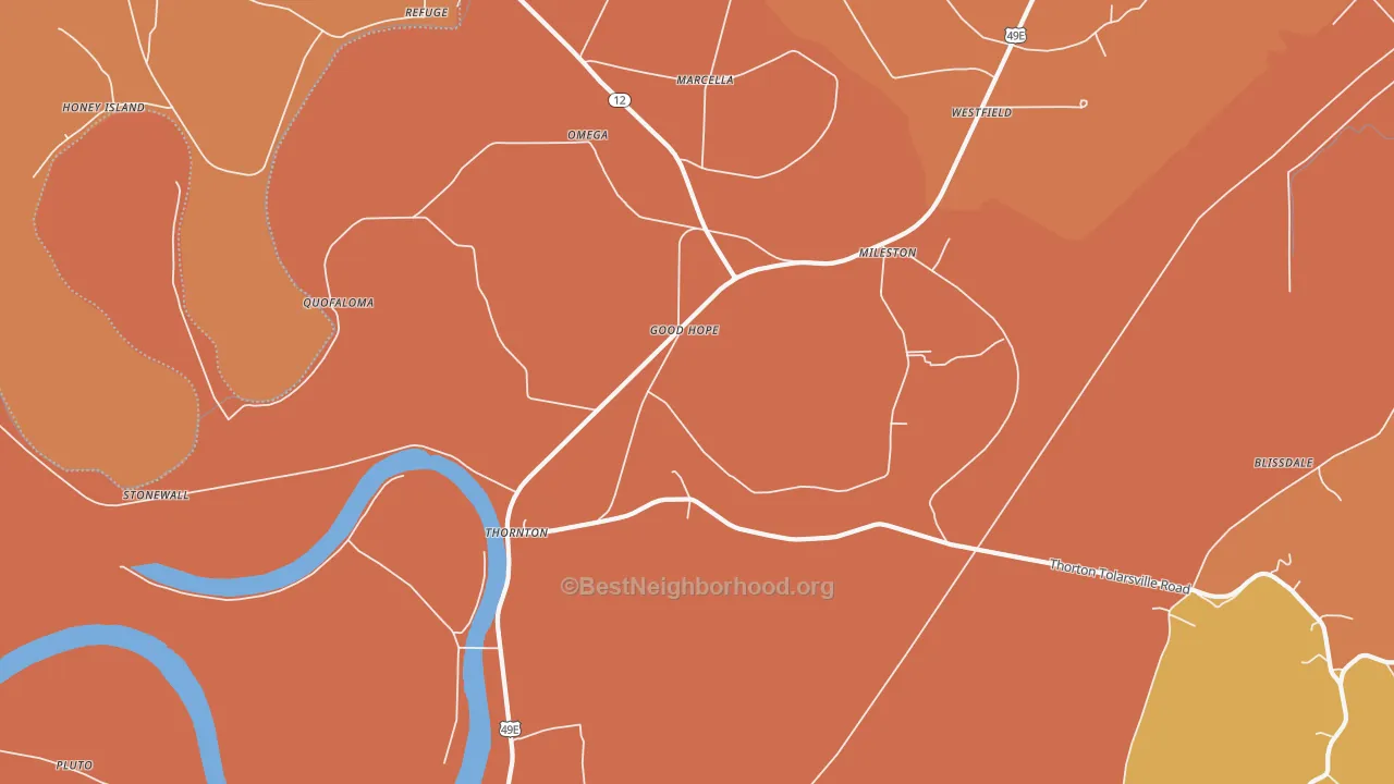 Map of the best neighborhoods in the Thornton area, with better matches in green and worse matches in red