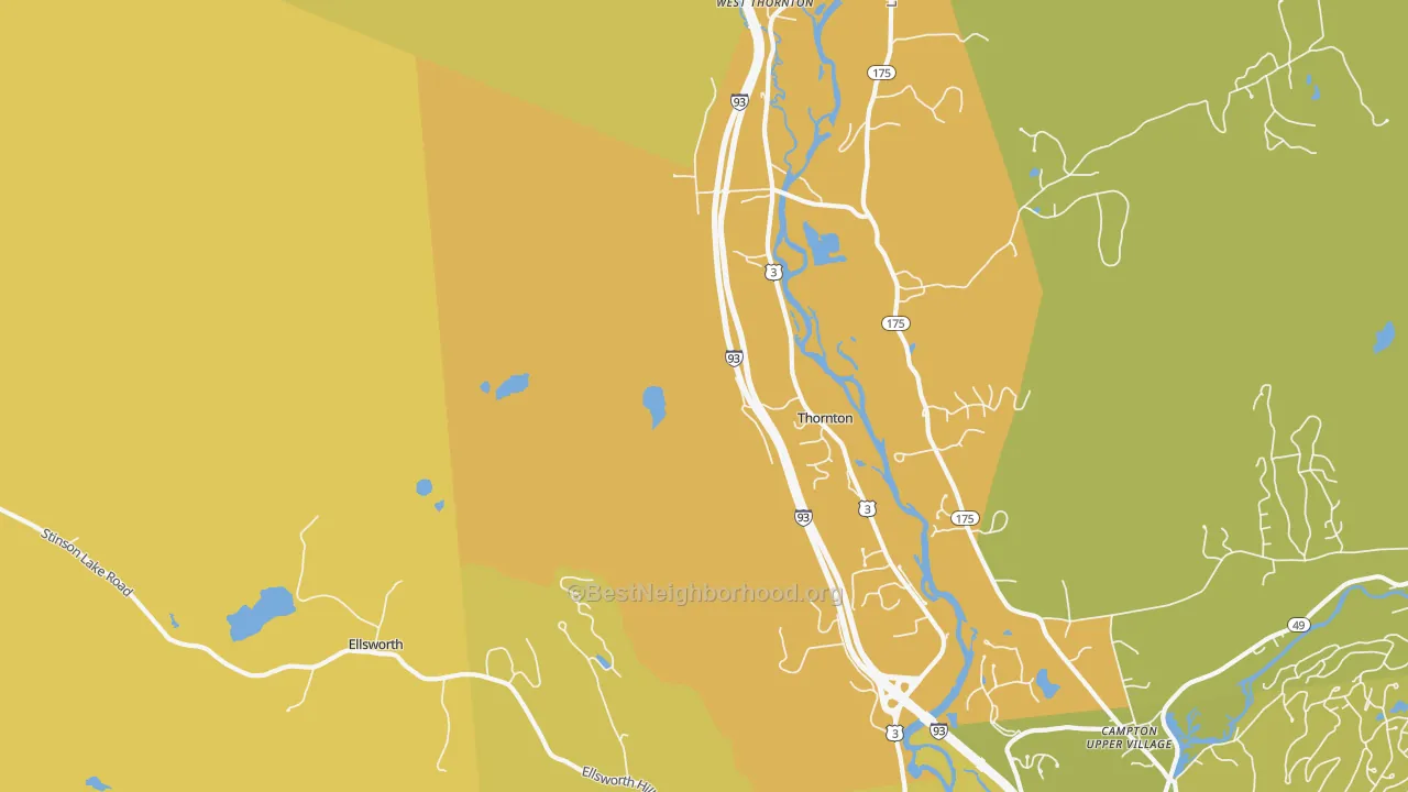Map of the best neighborhoods in the Thornton area, with better matches in green and worse matches in red