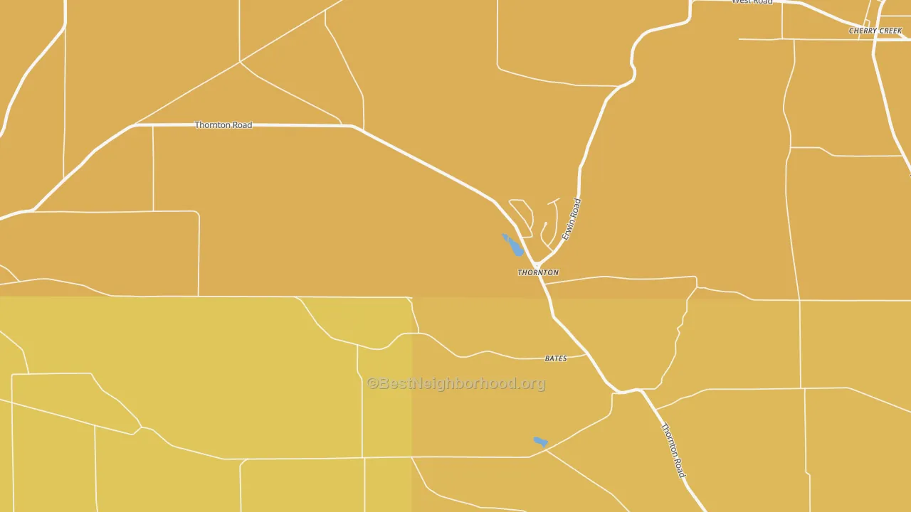 Map of the best neighborhoods in the Thornton area, with better matches in green and worse matches in red