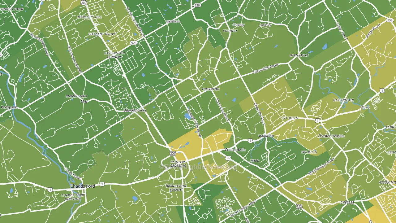 Map of the best neighborhoods in the Thornton area, with better matches in green and worse matches in red