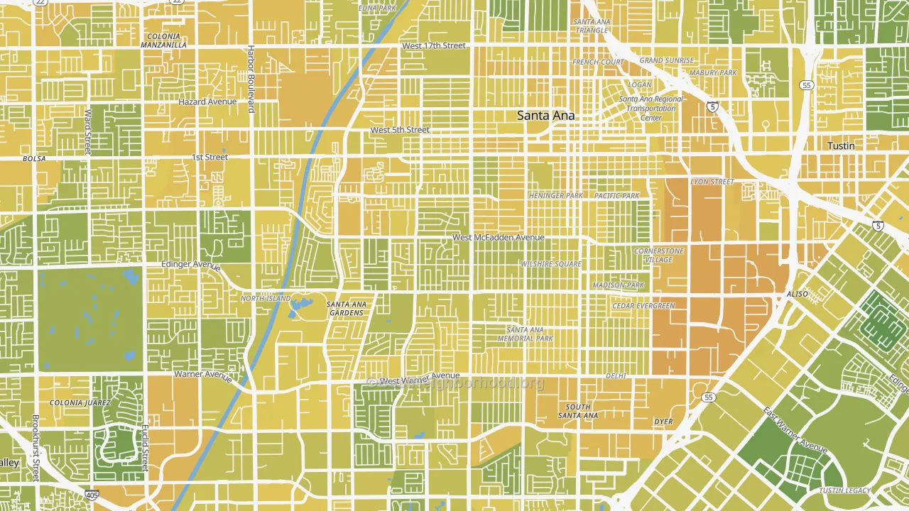 Map of the best neighborhoods in the Thornton Park, Santa Ana area, with better matches in green and worse matches in red