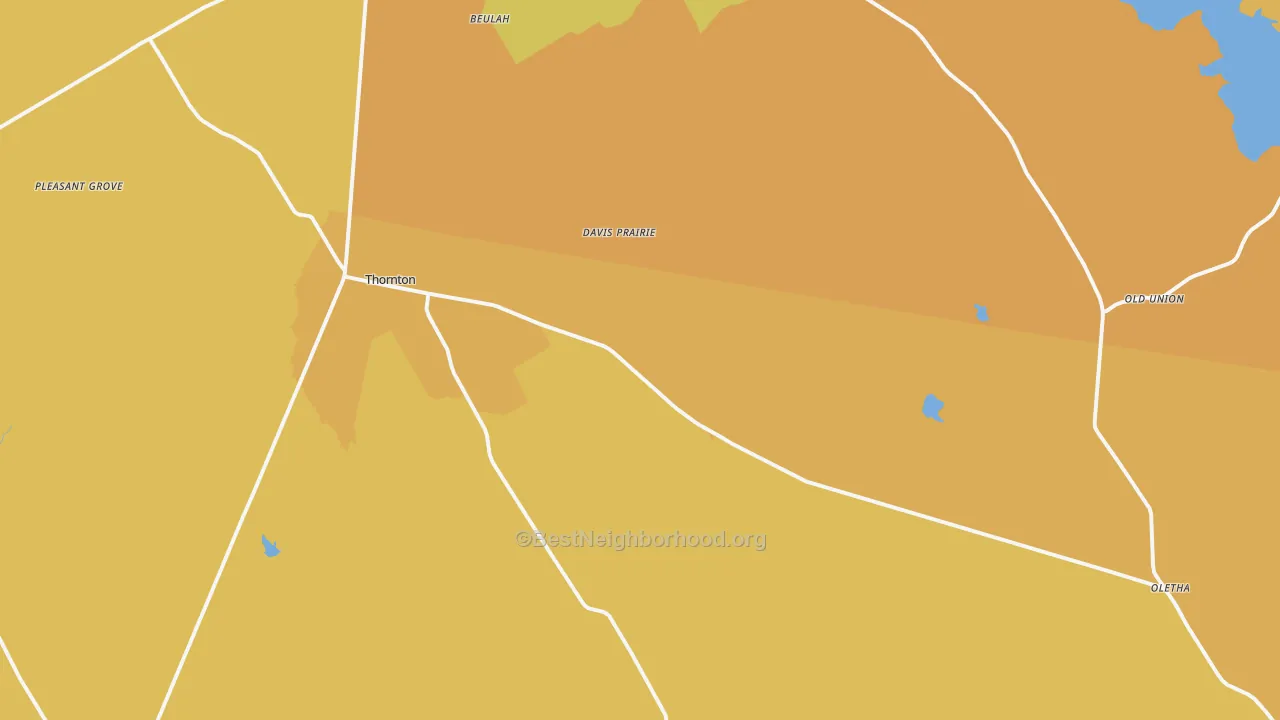 Map of the best neighborhoods in the Thornton area, with better matches in green and worse matches in red