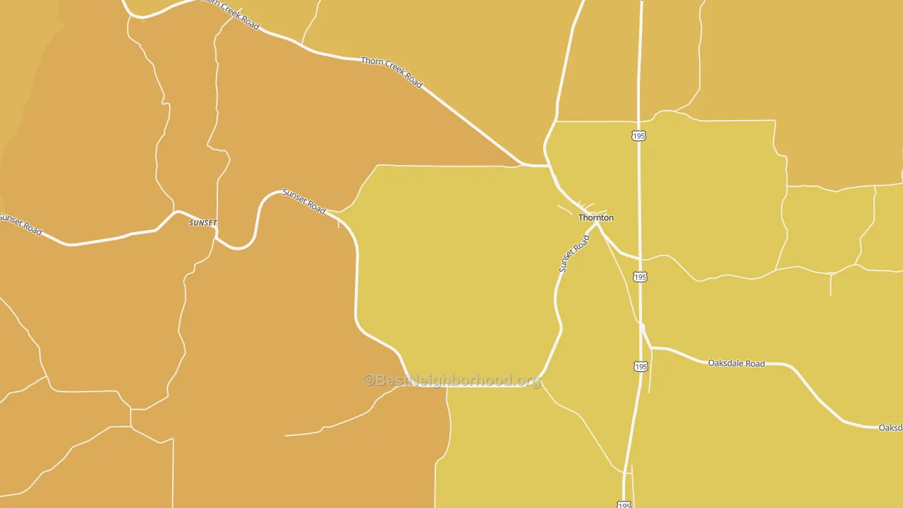 Map of the best neighborhoods in the Thornton area, with better matches in green and worse matches in red