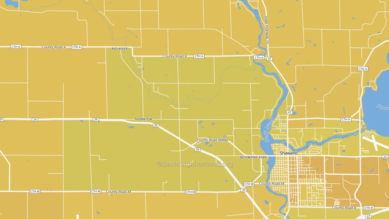 Map of the best neighborhoods in the Thornton area, with better matches in green and worse matches in red