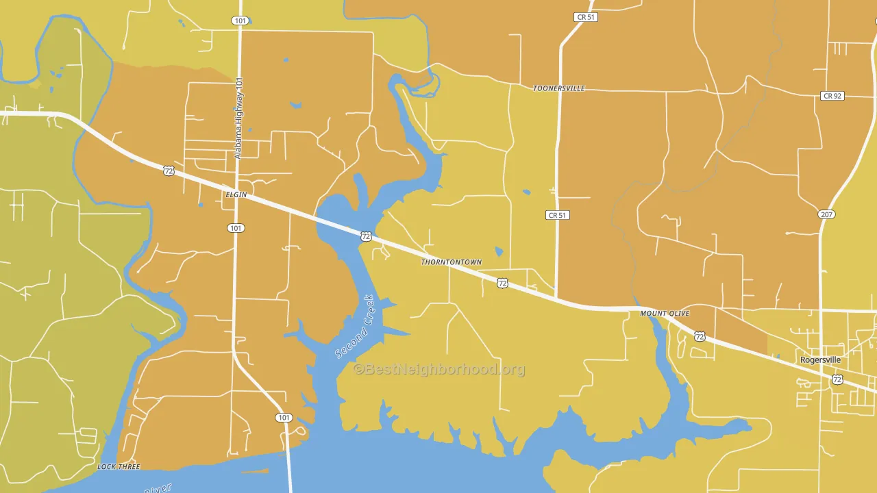 Map of the best neighborhoods in the Thorntontown area, with better matches in green and worse matches in red
