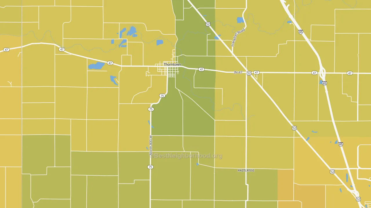 Map of the best neighborhoods in the Thorntown area, with better matches in green and worse matches in red
