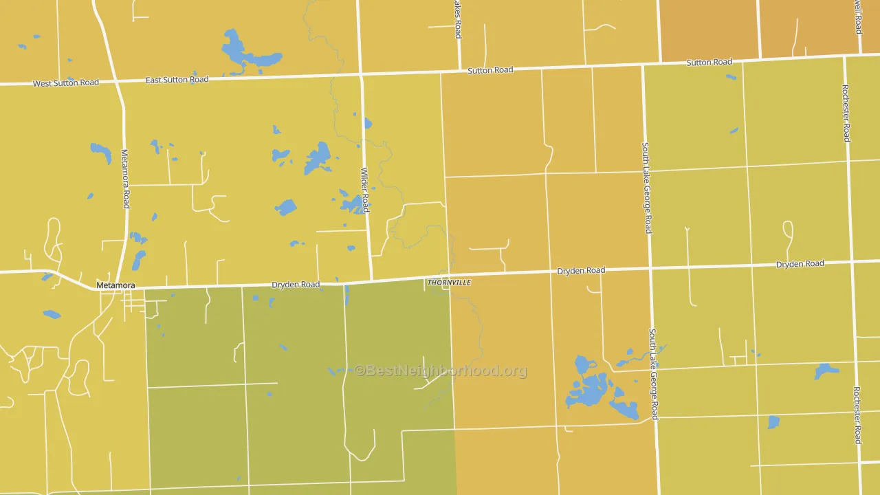 Map of the best neighborhoods in the Thornville area, with better matches in green and worse matches in red