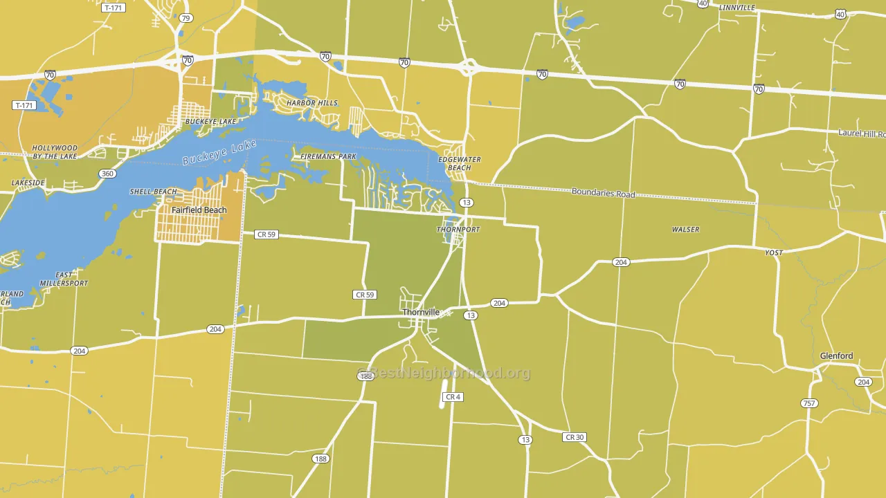 Map of the best neighborhoods in the Thornville area, with better matches in green and worse matches in red