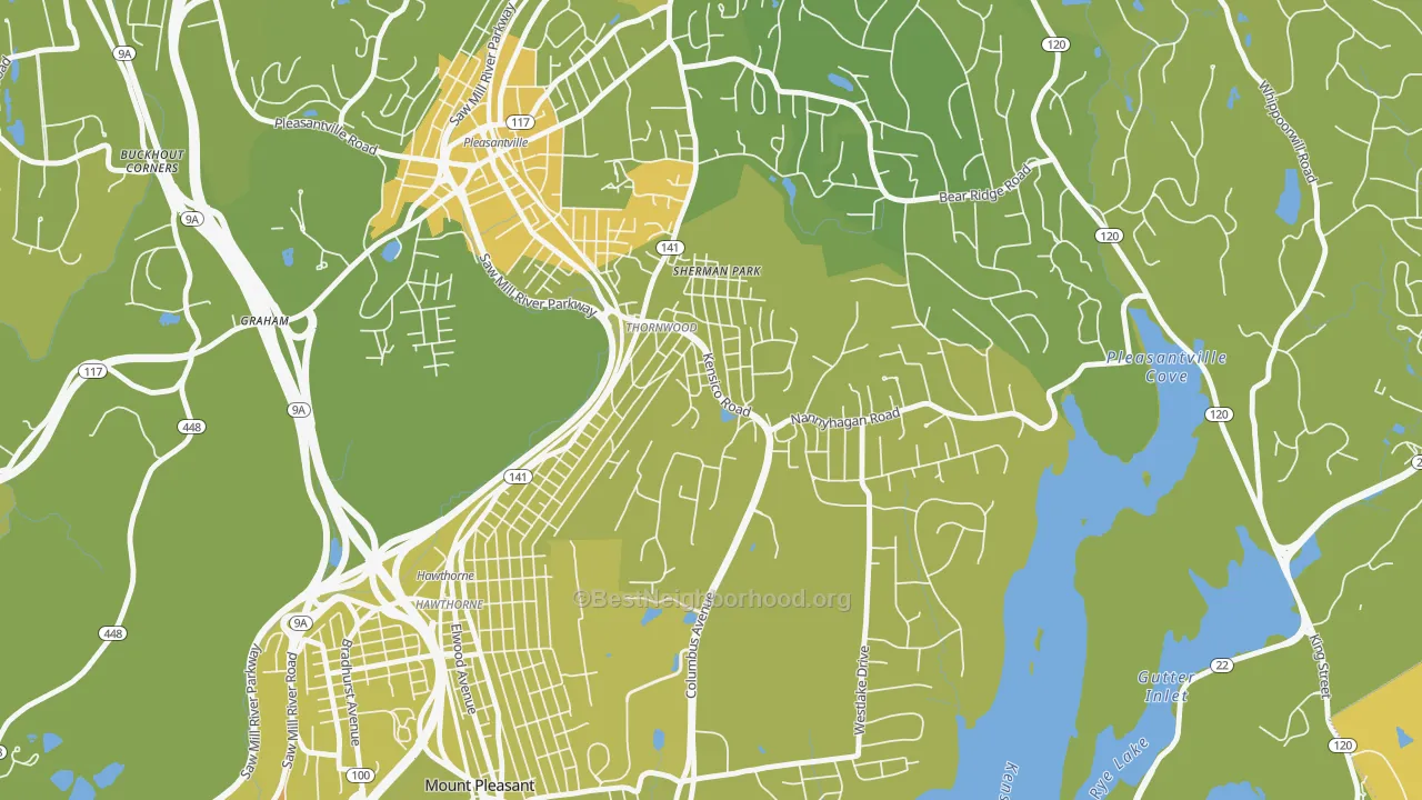 Map of the best neighborhoods in the Thornwood area, with better matches in green and worse matches in red