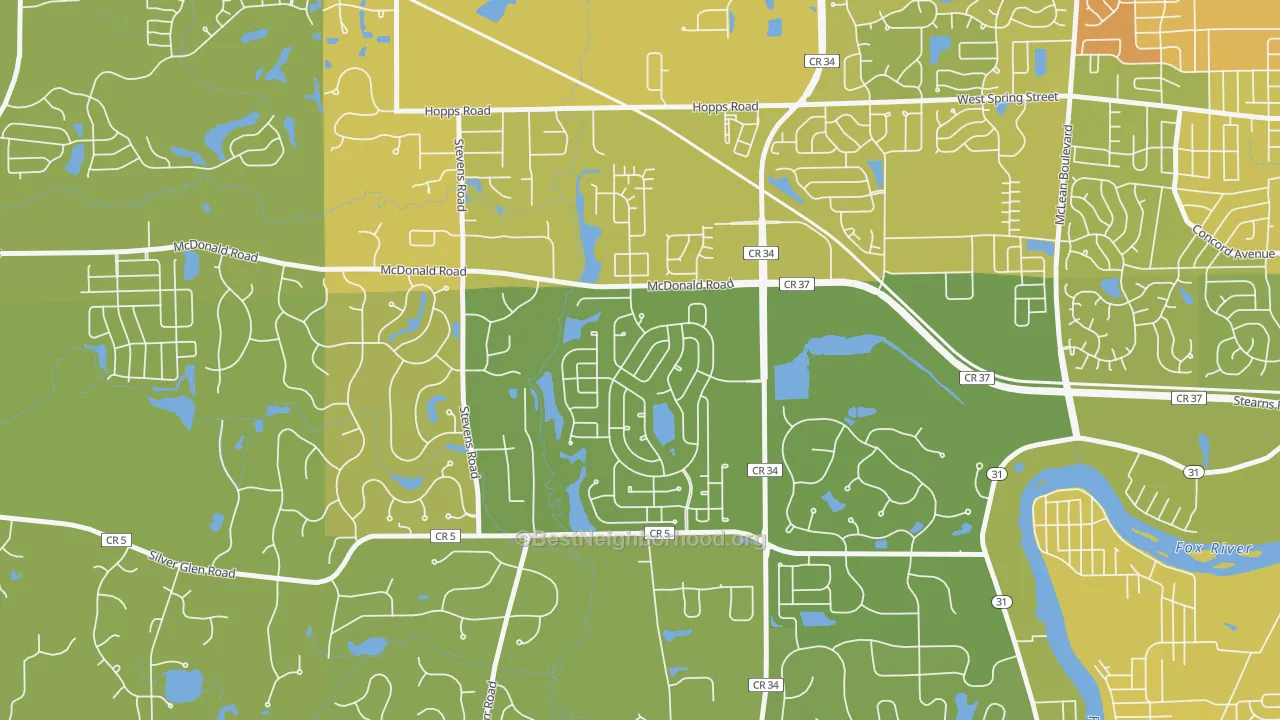 Map of the best neighborhoods in the Thornwood, South Elgin area, with better matches in green and worse matches in red